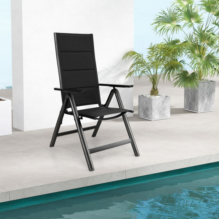 Black outdoor dining chair with soft padded seat and 7-position adjustable backrest, perfect for poolside relaxation.