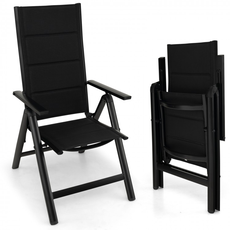 Black outdoor dining chair with soft padded seat, 7-position adjustable backrest, and foldable design for easy storage.