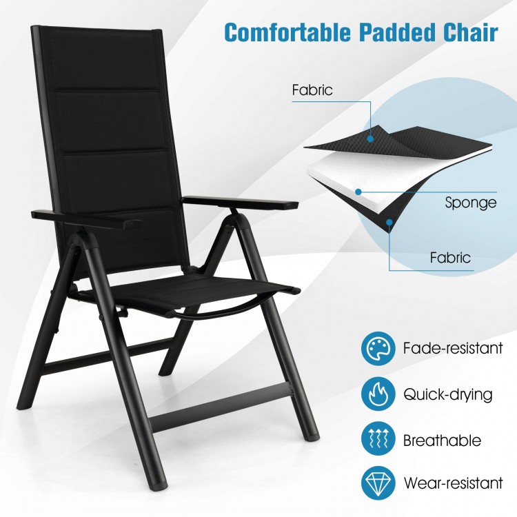 Black outdoor dining chair with soft padded seat, adjustable backrest, and durable aluminum frame for comfort and.