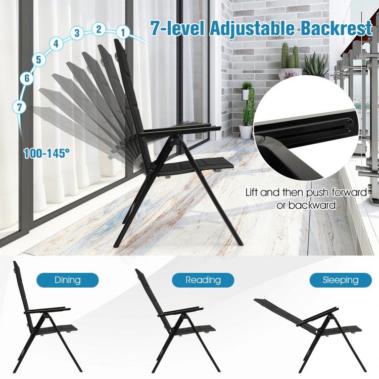 Outdoor dining chair with 7-position adjustable backrest, soft padded seat, and durable aluminum frame for comfort.