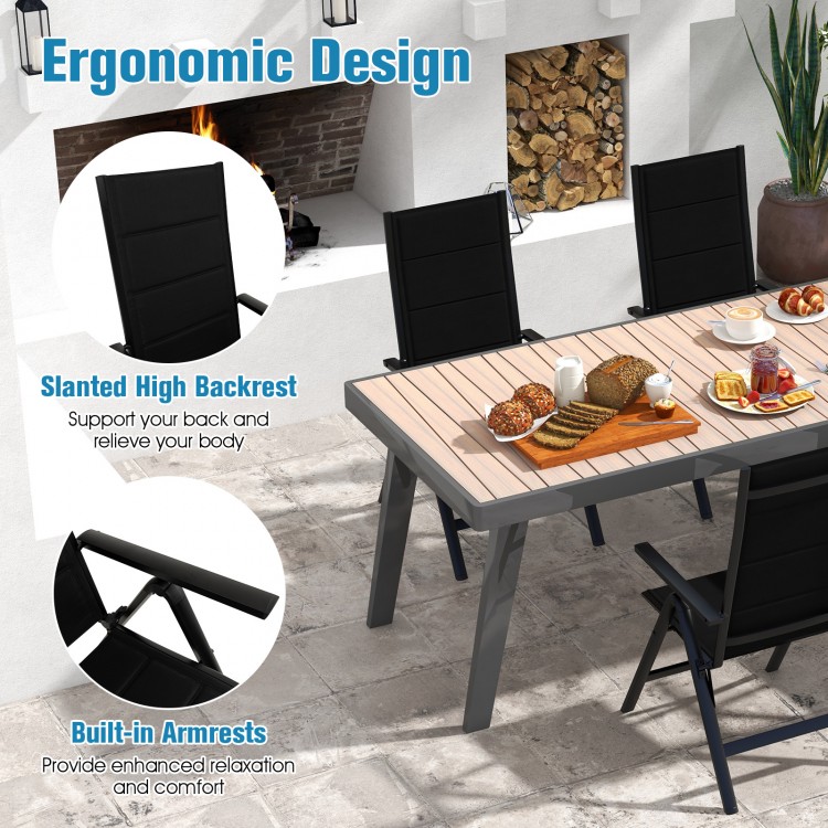 Outdoor dining chair with adjustable backrest and padded seat, featuring a durable aluminum frame for comfort and.