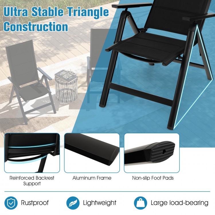 Black outdoor dining chair featuring a soft padded seat, adjustable backrest, and stable aluminum frame for durability.