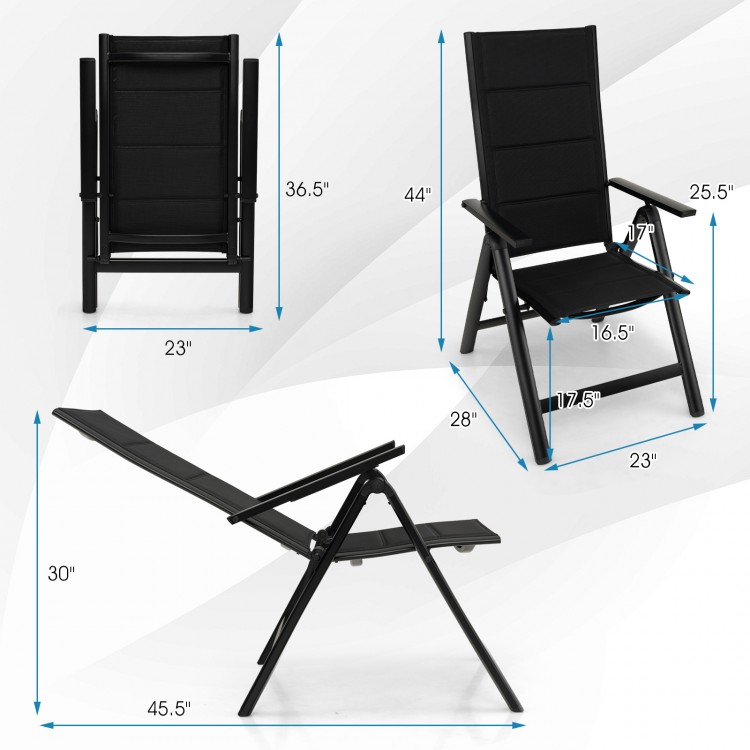 Adjustable black outdoor dining chair with padded seat, 7-position backrest, and compact foldable design for easy.