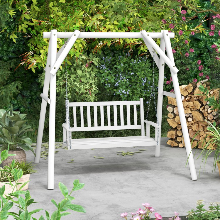Three-person white wooden outdoor porch swing with slatted surface and sturdy chains, perfect for gardens and backyards.
