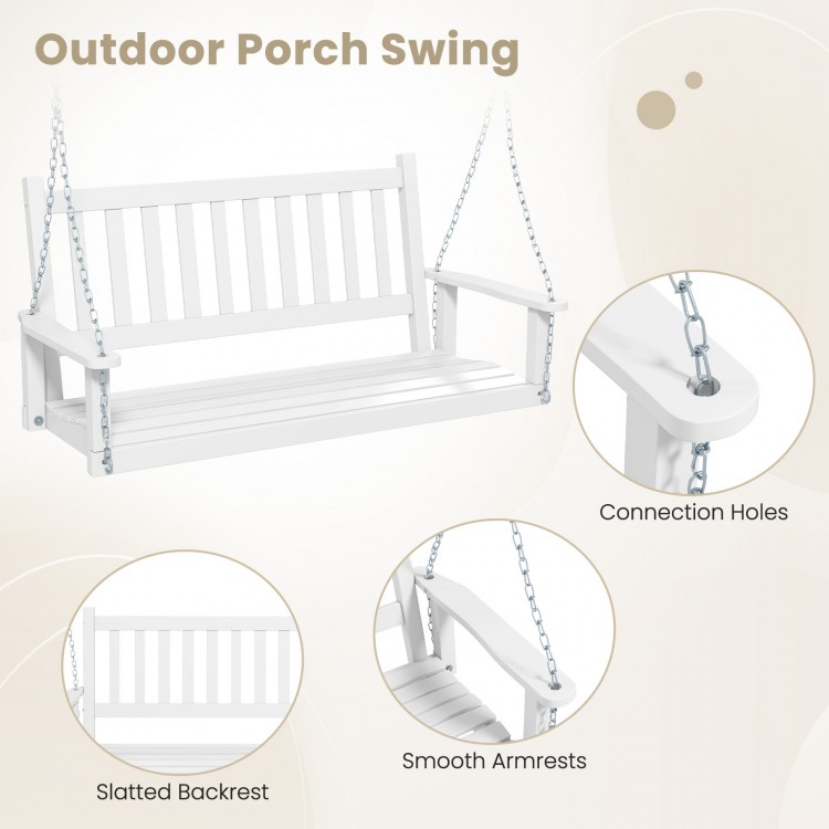3-person white wooden outdoor porch swing with slatted backrest and smooth armrests, ideal for gardens and backyards.