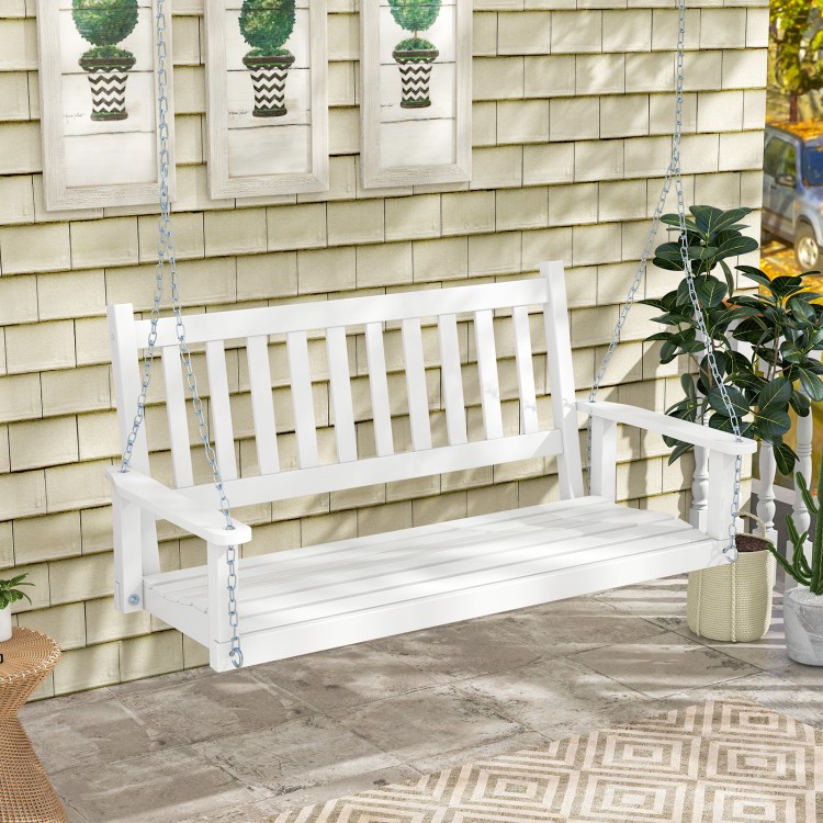 Three-person white wooden outdoor porch swing with slatted surface and sturdy chains, perfect for garden relaxation.