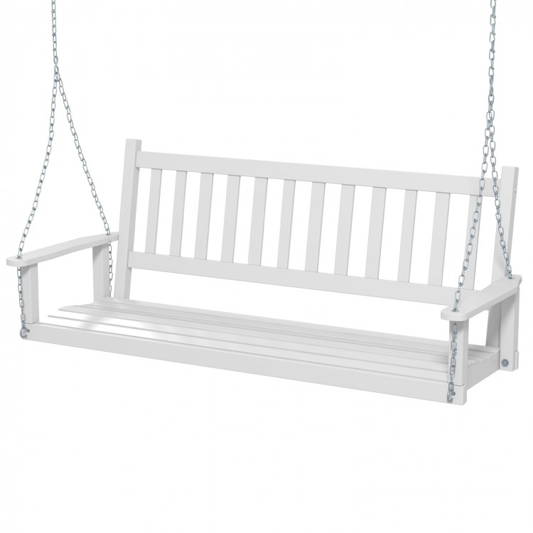 White 3-person wooden outdoor porch swing with inclined backrest and sturdy chains, perfect for gardens and backyards.