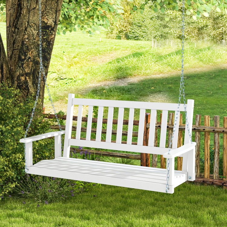 Three-person white wooden outdoor porch swing with slatted surface and sturdy chains, ideal for gardens and backyards.