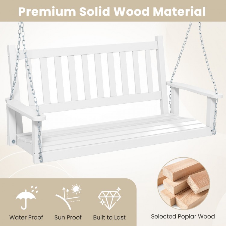 3-person white wooden outdoor porch swing with slatted surface, inclined backrest, and sturdy chains for comfortable.