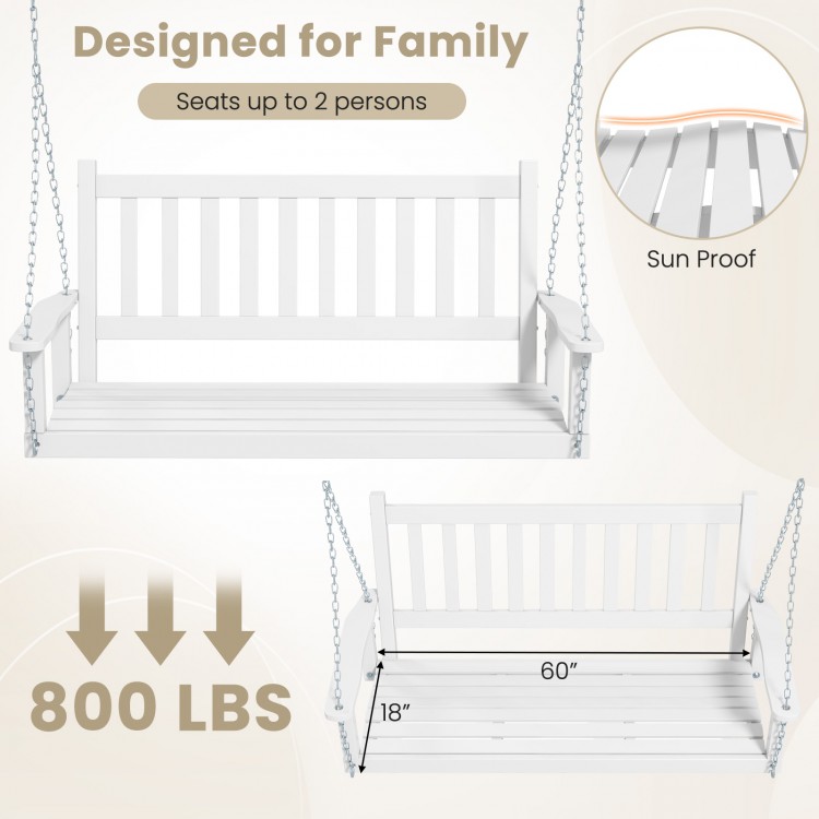 White 3-person wooden outdoor porch swing with slatted surface, 800 lbs capacity, ideal for gardens and backyards.