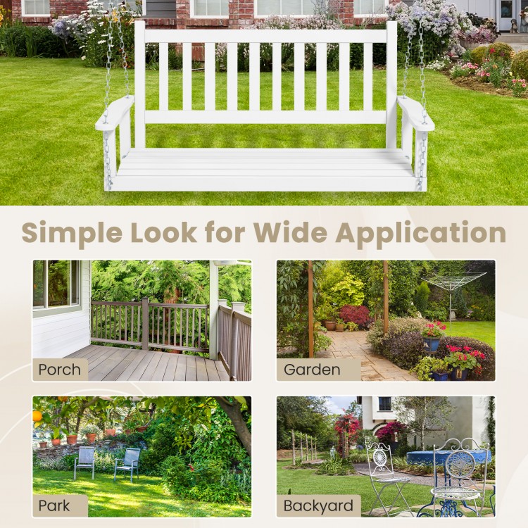 3-person wooden outdoor porch swing in white with slatted surface and sturdy chains, ideal for gardens and backyards.