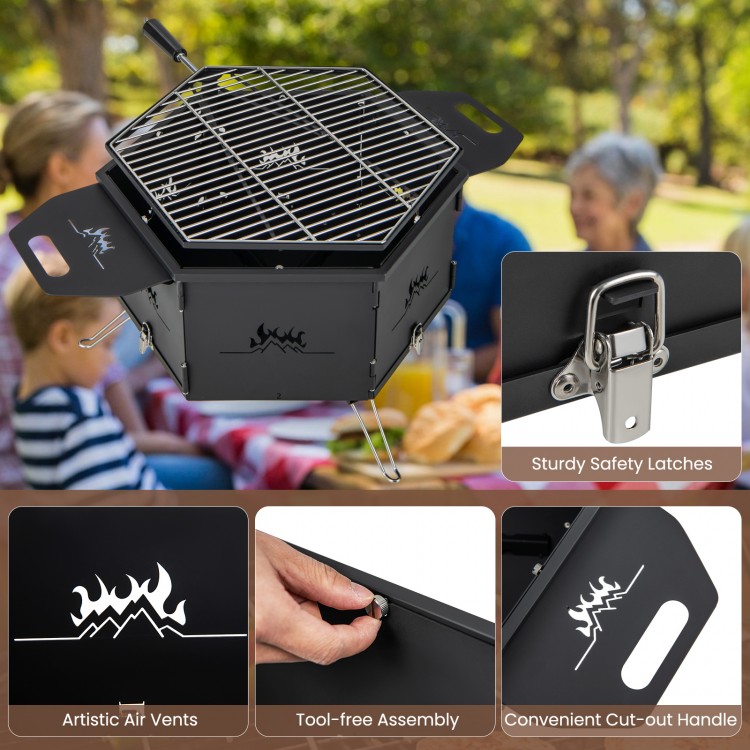 Portable charcoal grill stove with foldable legs, anti-rust steel, and convenient handles for outdoor cooking.