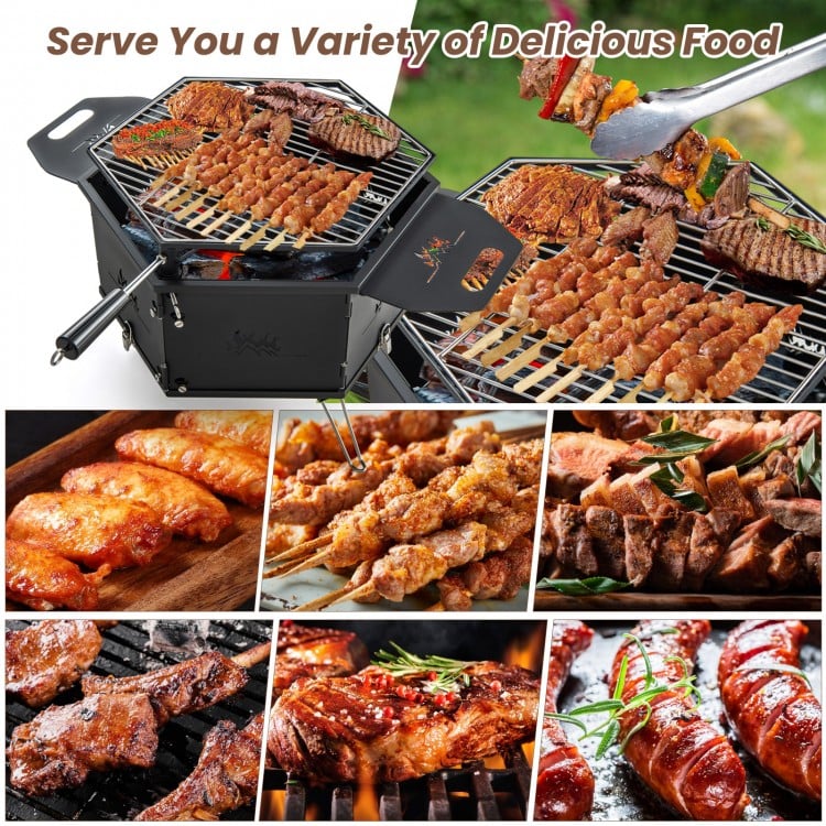 Portable charcoal grill stove with rotatable grill and foldable legs, perfect for BBQ at the yard or beach.