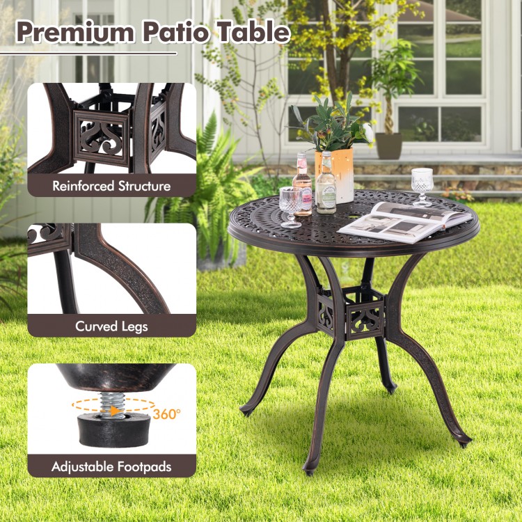 Round 31.5-inch cast aluminum patio table with umbrella hole and curved legs, ideal for outdoor dining and relaxation.