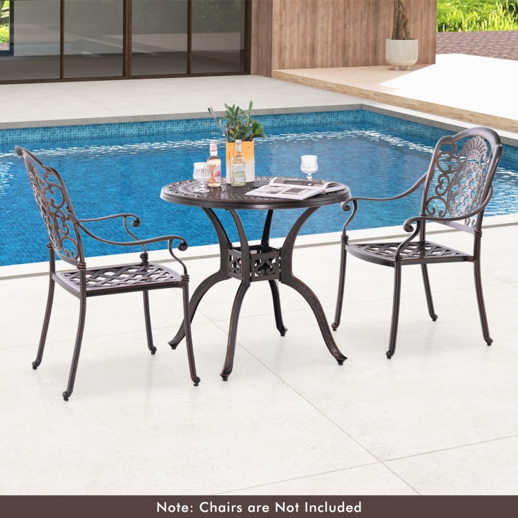 Round 31.5-inch cast aluminum patio dining table with umbrella hole, perfect for poolside and garden settings.