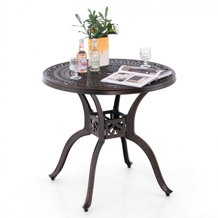 Round 31.5-inch cast aluminum patio dining table with umbrella hole, featuring elegant design and stable curved legs.