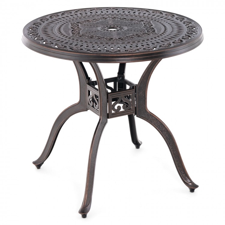 Round 31.5-inch cast aluminum patio dining table with umbrella hole, featuring curved legs for stability, ideal for.