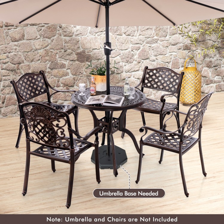 Round cast aluminum patio dining table with 1.96" umbrella hole, featuring adjustable footpads for enhanced stability.