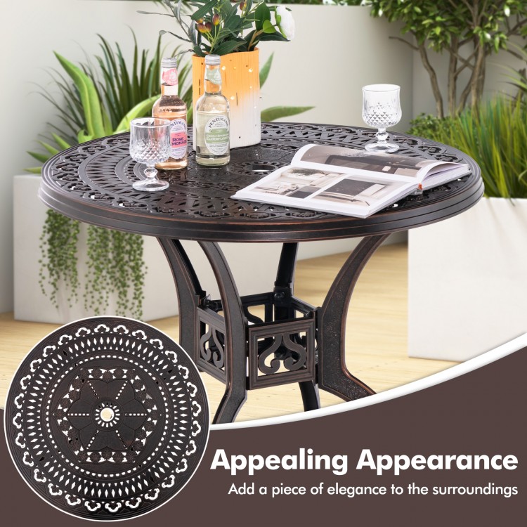 Round 31.5-inch cast aluminum patio dining table with umbrella hole, featuring a classic design for outdoor elegance.