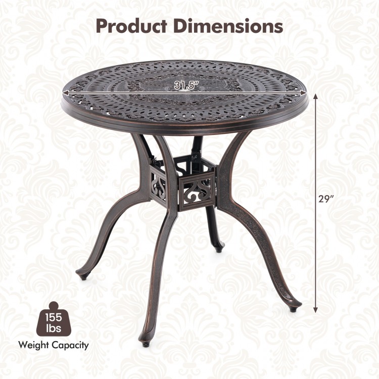 Round 31.5-inch cast aluminum patio dining table with umbrella hole, featuring curved legs for stability and elegance.