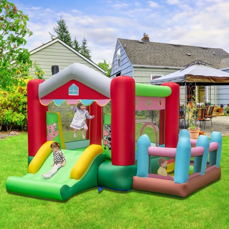 4-in-1 inflatable bounce house with slide, ball pit, and basketball hoop, perfect for outdoor fun and safe play.