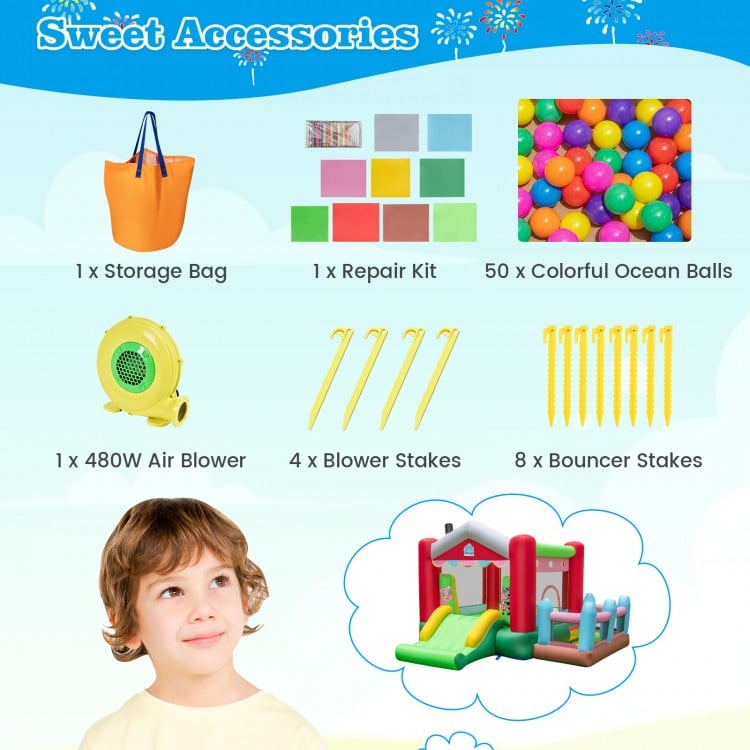 Colorful accessories for the 4-in-1 inflatable bounce house, including 50 ocean balls, air blower, and repair kit.