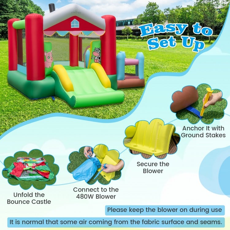 4-in-1 inflatable bounce house with slide, basketball hoop, and 480W blower, perfect for outdoor fun and safety.