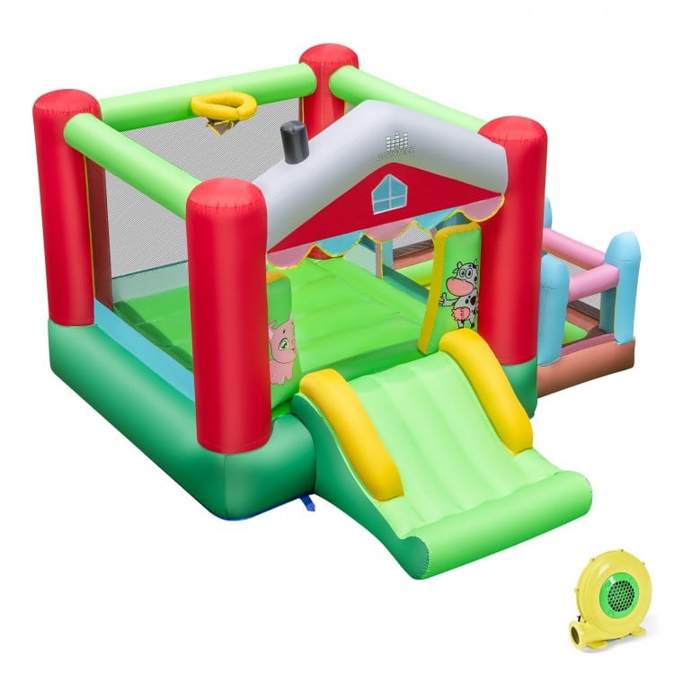 4-in-1 inflatable bounce house with slide, basketball hoop, and ball pit for kids' fun, made of waterproof Oxford.