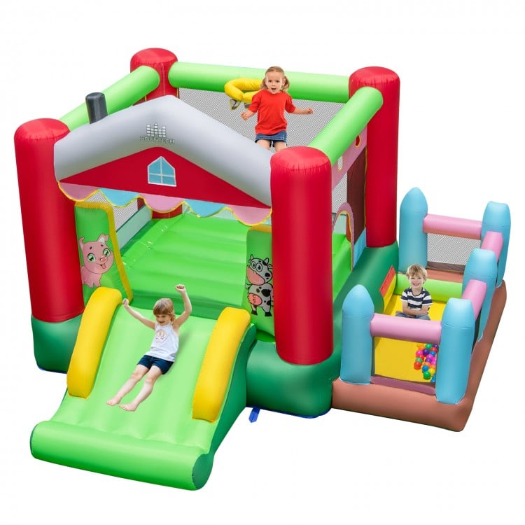 4-in-1 inflatable bounce house with slide, basketball hoop, and ball pit, perfect for indoor and outdoor fun.