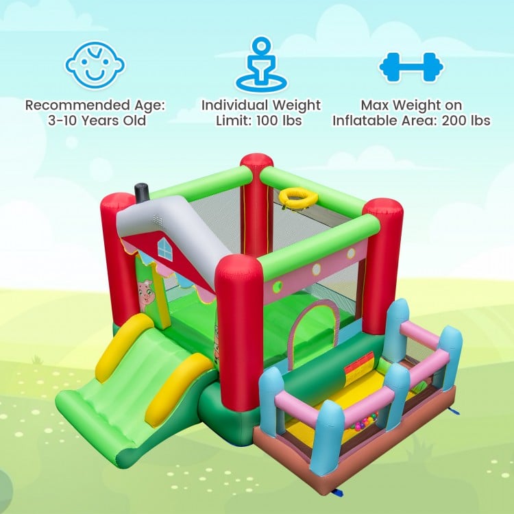 4-in-1 inflatable bounce house with slide, basketball hoop, and ball pit for kids, made of waterproof Oxford fabric.