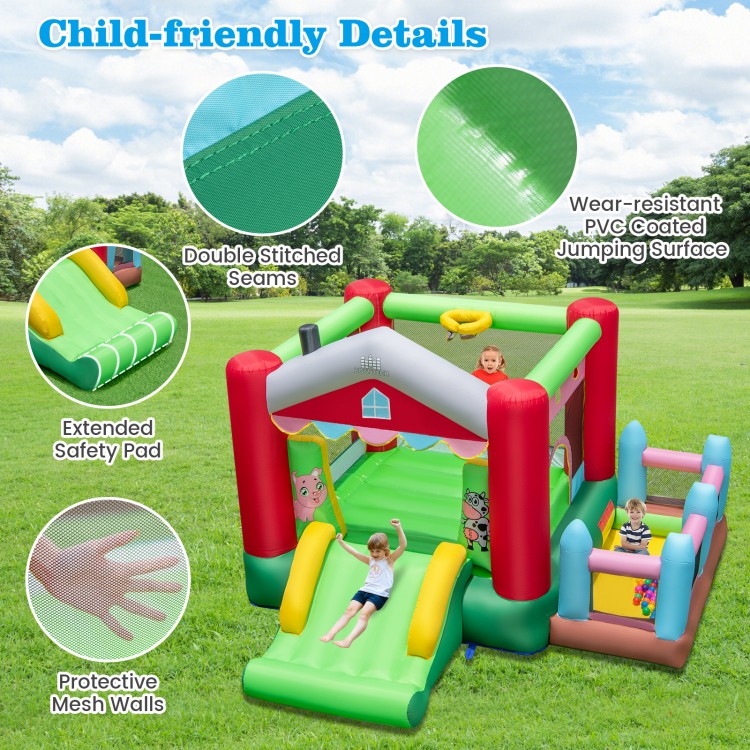 4-in-1 inflatable bounce house with slide, basketball hoop, and protective mesh walls for safe outdoor fun.