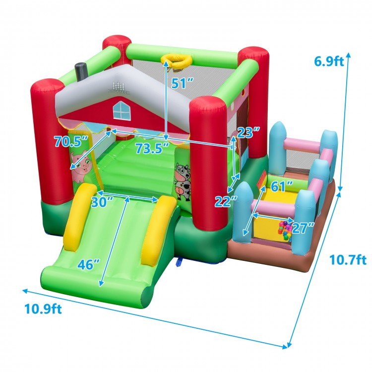 4-in-1 inflatable bounce house with slide, basketball hoop, and ball pit, made of waterproof Oxford fabric for safe.
