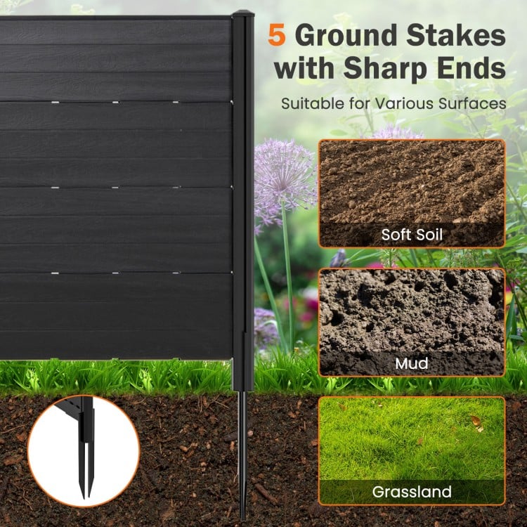 Outdoor privacy fence screen in black with 5 ground stakes, suitable for soft soil, mud, and grassland installation.