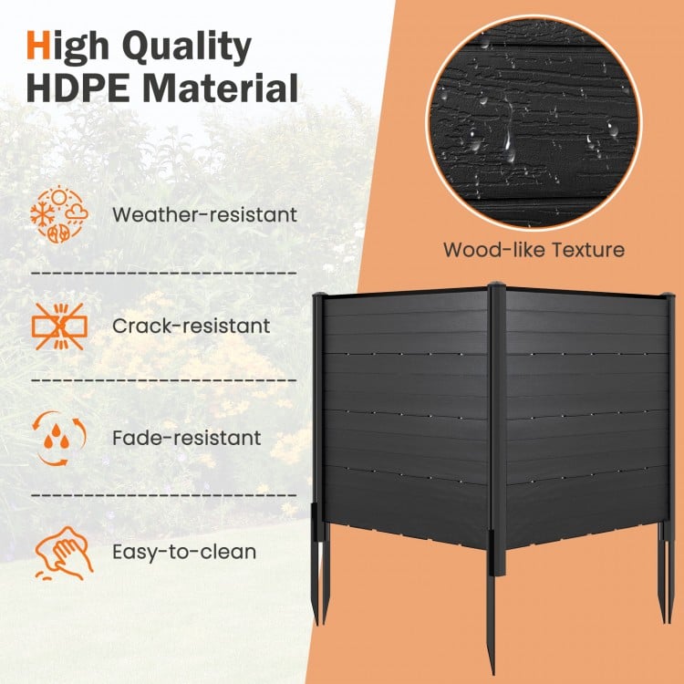 Outdoor privacy fence screen in black HDPE with wood-like texture, featuring 5 ground stakes for easy installation.