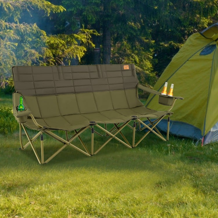 Three-person folding camping chair in green with cotton padding, cup holders, and storage bag, ideal for outdoor.