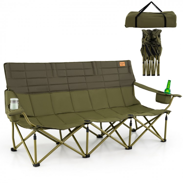 Three-person folding camping chair in green with cotton padding, two cup holders, and included storage bag for outdoor.
