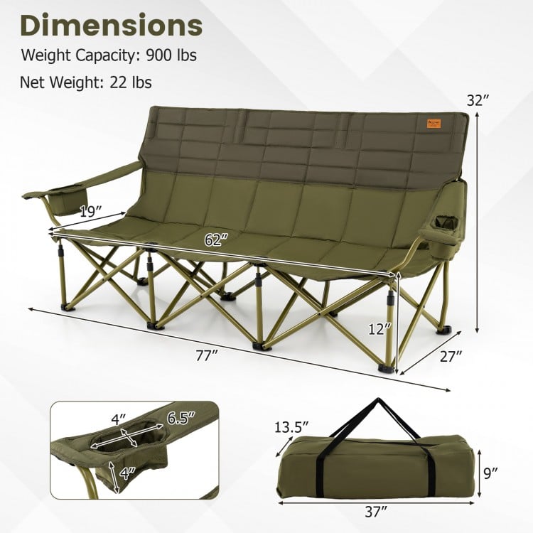 3-person folding camping chair in green with cotton padding, 2 cup holders, and storage bag for outdoor activities.
