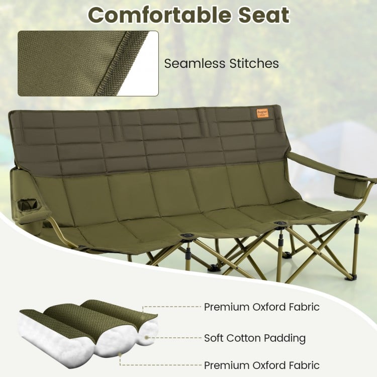 Three-person folding camping chair in green with cotton padding, two cup holders, and a storage bag for outdoor.