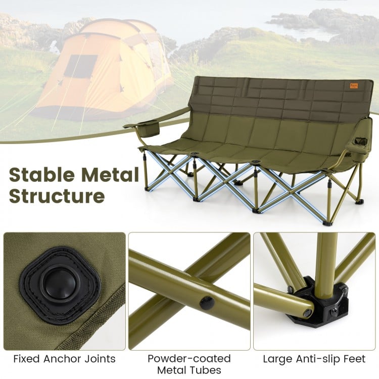 Three-person folding camping chair in green with cotton padding, stable metal structure, and two cup holders for.