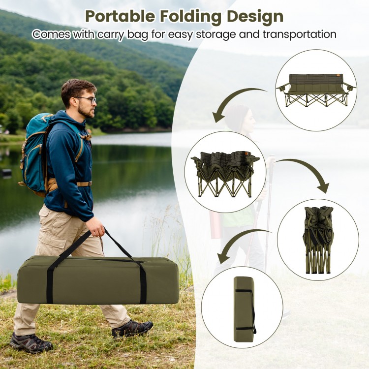 Three-person folding camping chair in green with cotton padding, two cup holders, and included storage bag for easy.