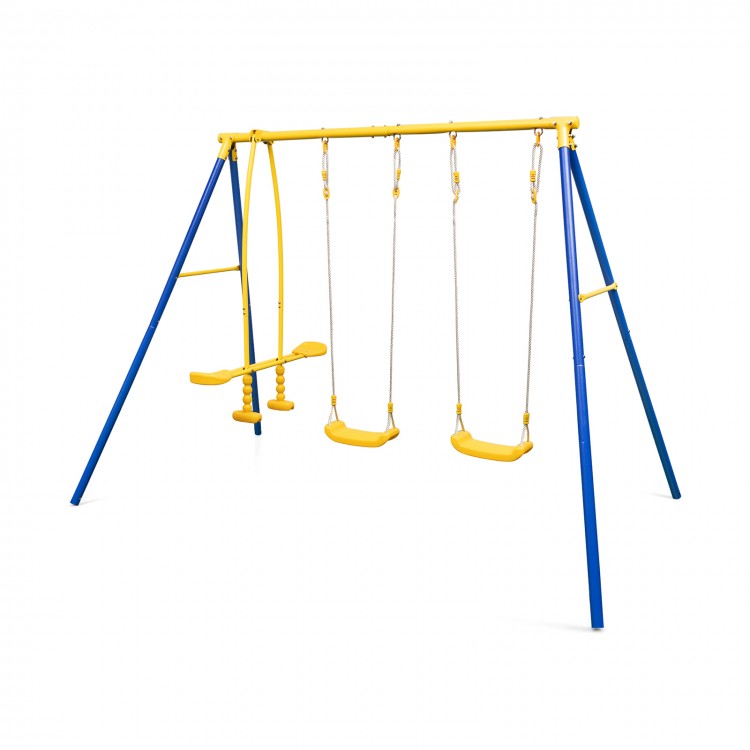 Metal swing set featuring two swing seats and two glider seats, designed for backyard fun and stability for ages 3-12.
