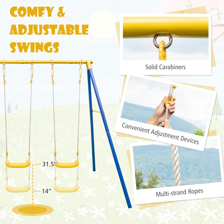Metal swing set featuring two swing seats and two glider seats, designed for backyard fun and adjustable height.