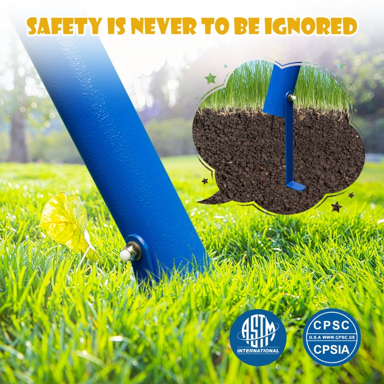 Blue metal swing set ground stake detail, showcasing sturdy construction for safety and stability in backyard play.