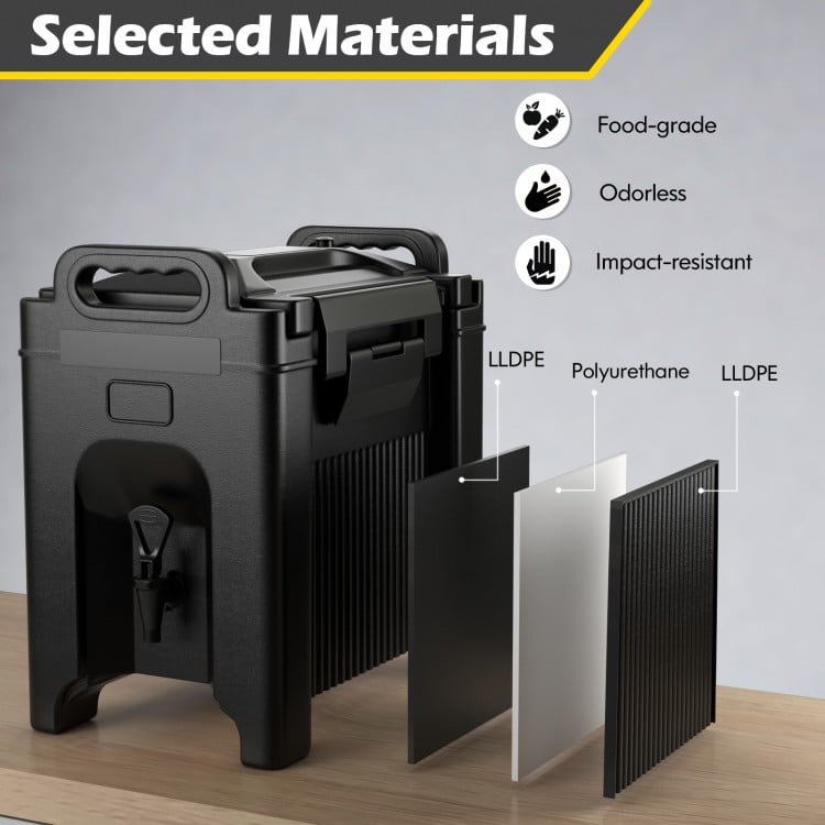 2.5 gallon insulated beverage server dispenser in black, featuring food-grade LLDPE and polyurethane for optimal.