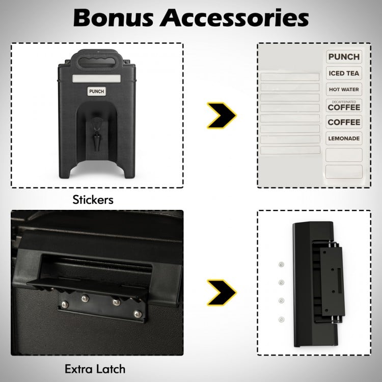 Bonus accessories for the 2.5 Gallon Insulated Beverage Server Dispenser, including stickers and an extra latch for.