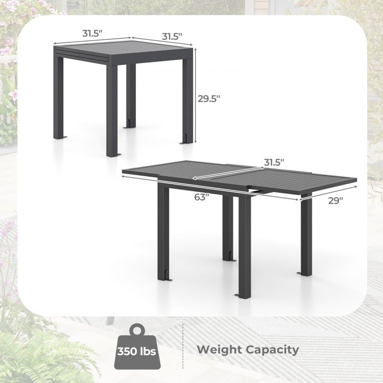 Expandable grey patio dining table shown in two sizes, crafted from rustproof aluminum, seats 4-6 for gatherings.