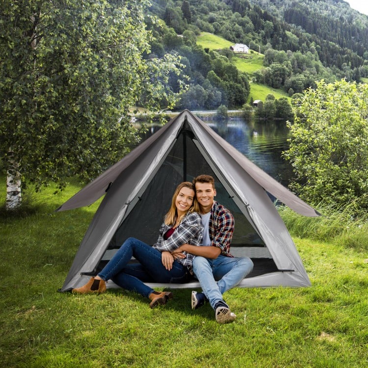 Pop-up camping tent for 2-3 people in gray, featuring a spacious interior and 360-degree visibility, ideal for outdoor.