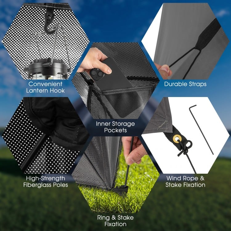 Pop-up camping tent features durable straps, inner storage pockets, and a convenient lantern hook for 2-3 people.