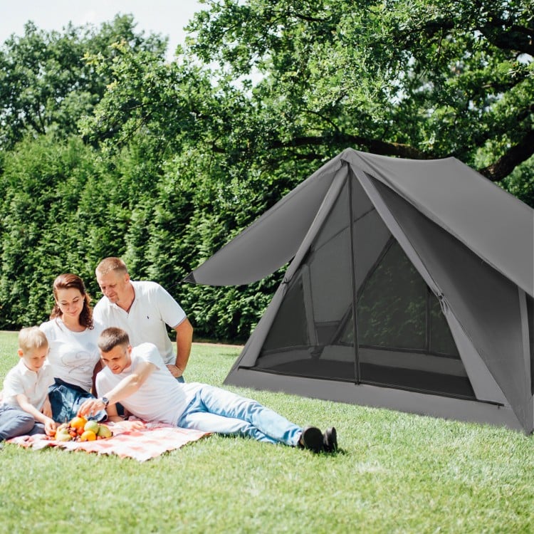 Pop-up camping tent for 2-3 people in gray, featuring see-through panels and rainfly, ideal for outdoor adventures.