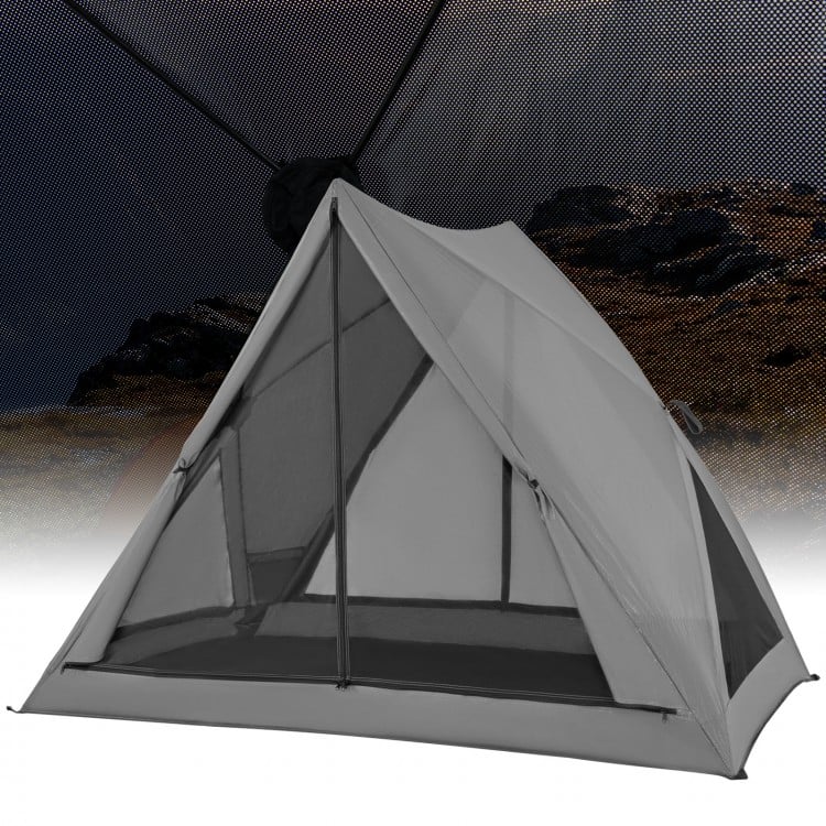Gray pop-up camping tent for 2-3 people with mesh windows and rainfly, ideal for hiking and backpacking trips.